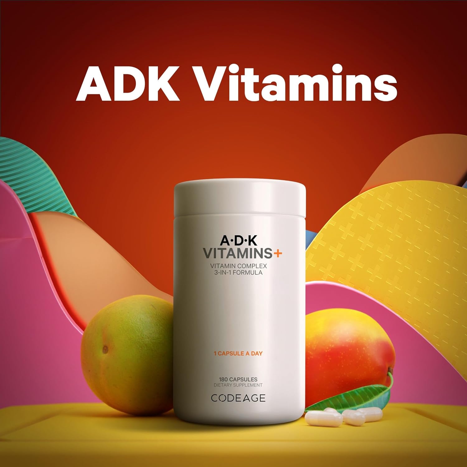 Codeage Vitamin ADK, 6-Month Vitamins A, Vitamin D3 5000 IU, Vitamin K1 & K2 (MK4 & MK7), 180 Capsules